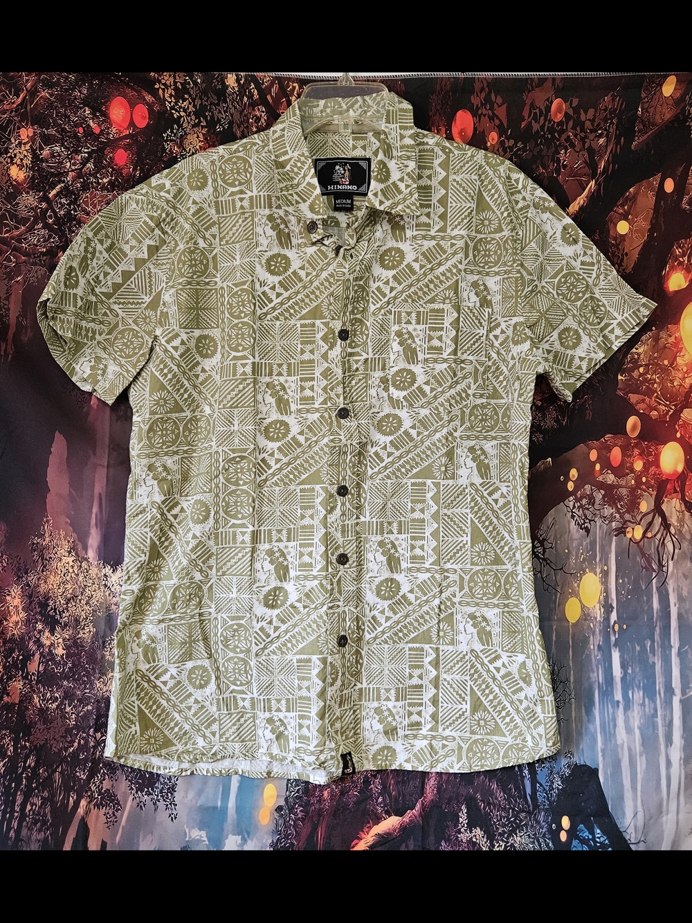 Hinano Tahiti Olive Green & White Tribal Printed Short-Sleeve Button-Down Shirt